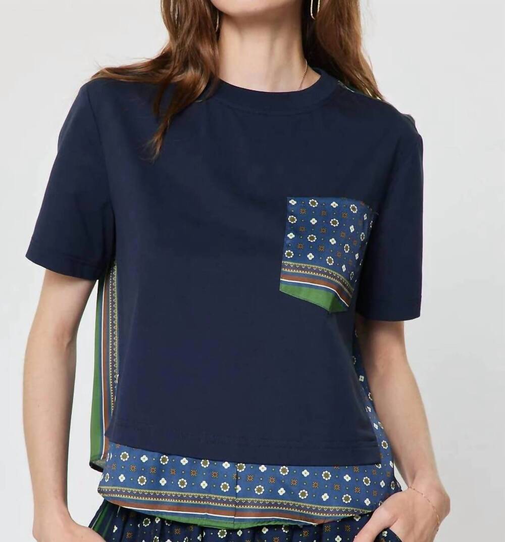 NEW CURRENT AIR mixed media blouse in navy multi